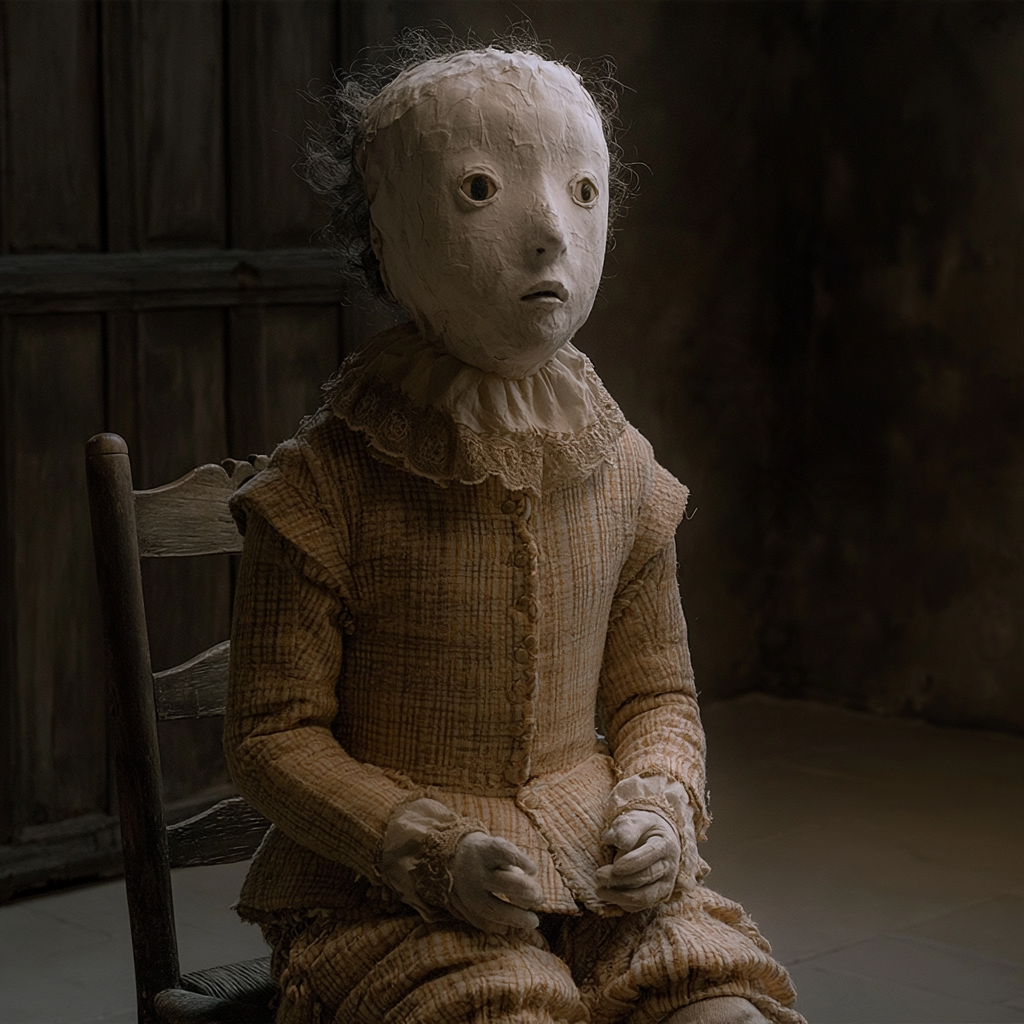 A puppet in a lace collar seated in a wooden chair
