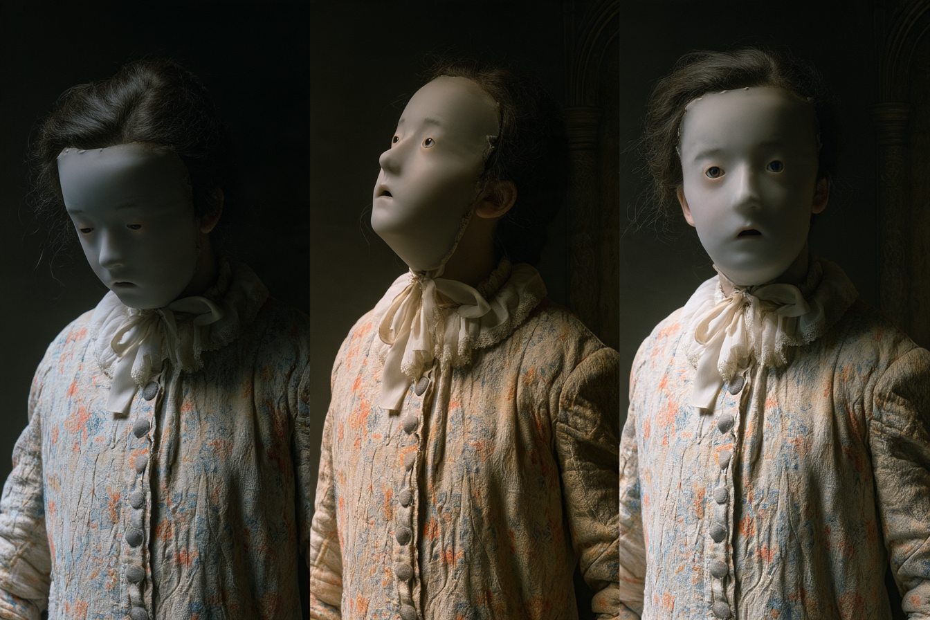 Three doll-faced figures in floral dresses