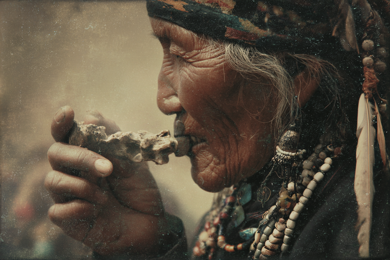 An elderly shaman smoking a carved pipe